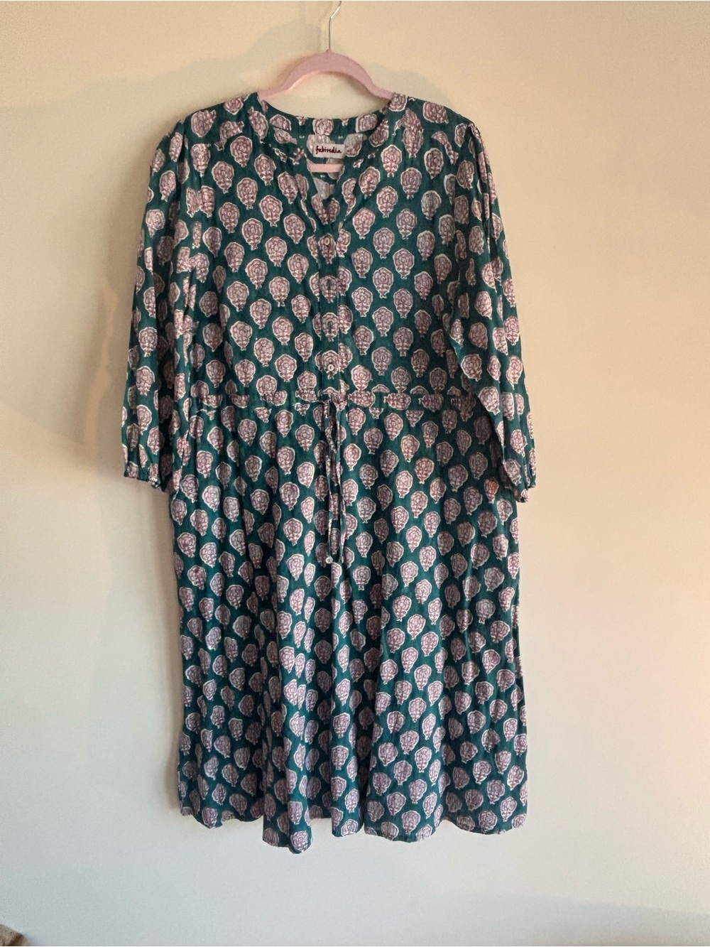 fabindia Green Printed Midi Dress with White Motif